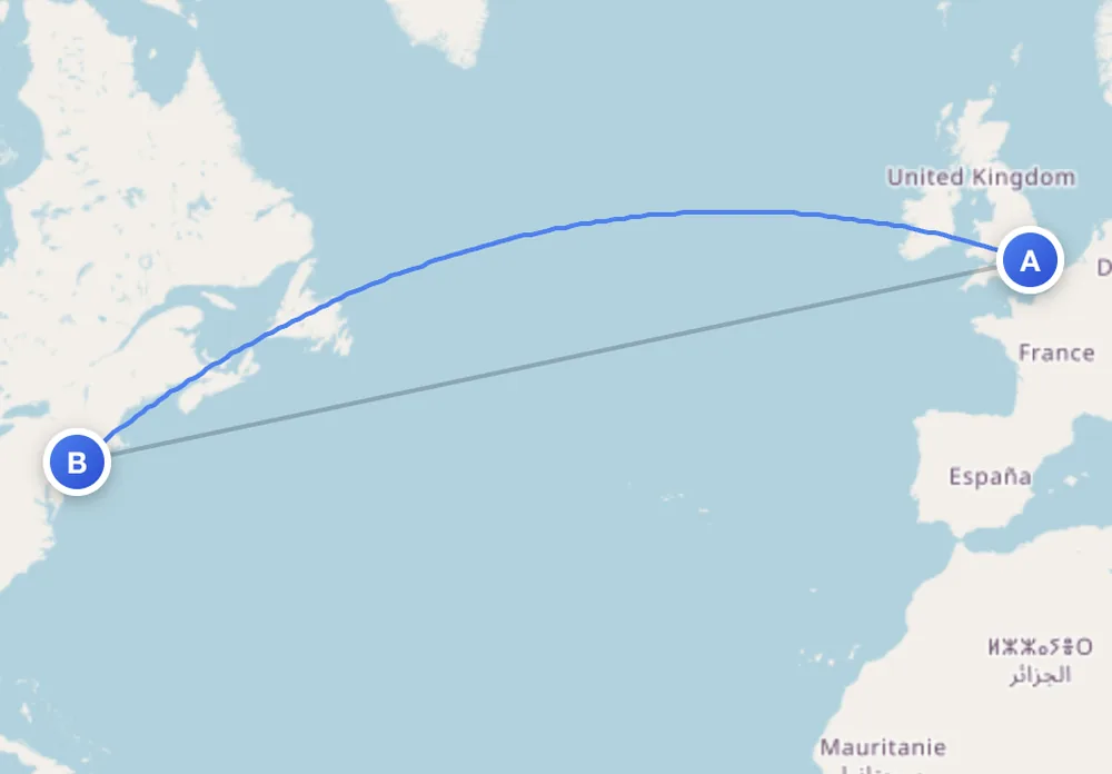 This site's flat map: the London to New York route drawn as a blue arc bowing north, with the straight grey line a ruler would draw underneath it.